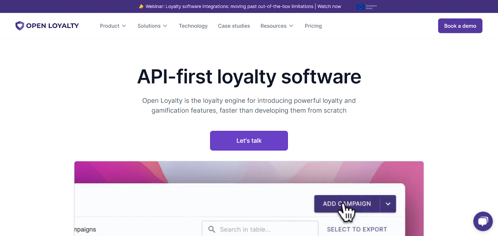 A screenshot of Open Loyalty's website