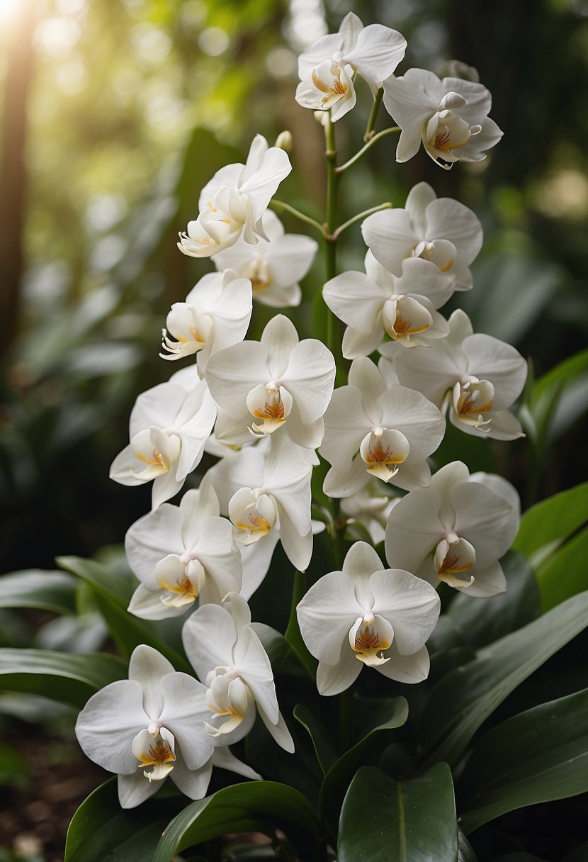 A cluster of 31 white orchid flowers in full bloom, surrounded by lush green leaves and set against a backdrop of soft natural light