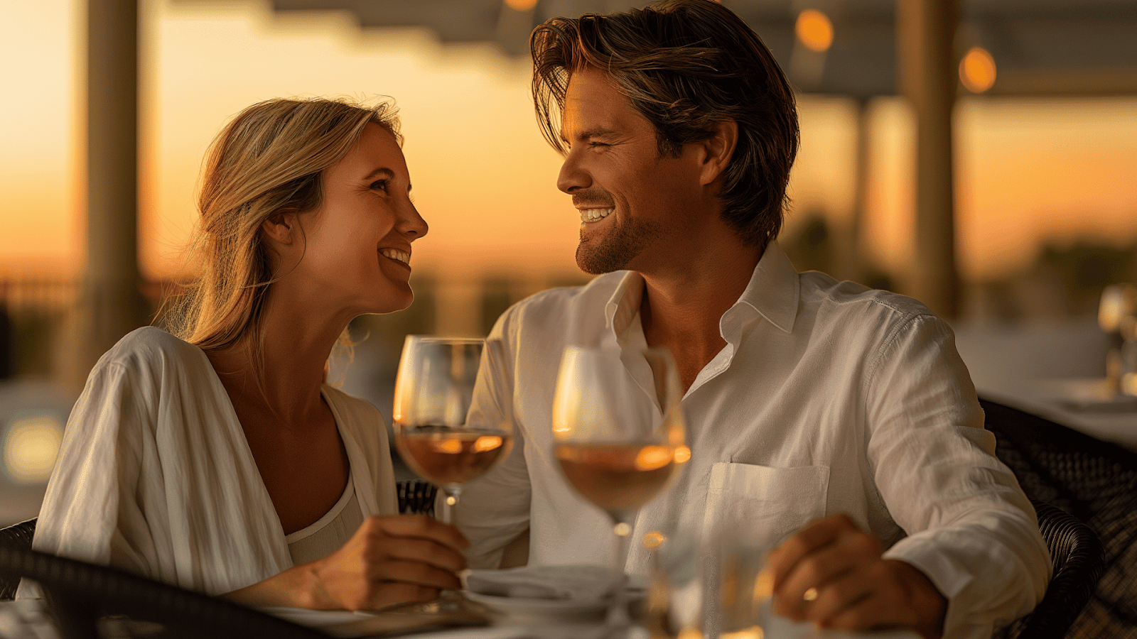 Couple enjoying a romantic sunset dinner at a resort rental in Palmetto Dunes