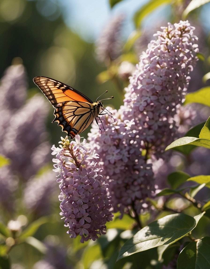 A garden filled with blooming lilac bushes, their sweet fragrance drifting through the air. Bees and butterflies flit from flower to flower, adding to the idyllic scene