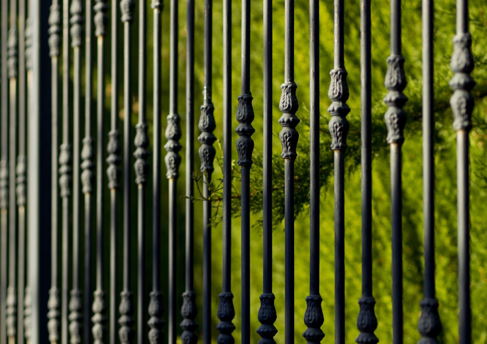 Ornate fence with shrubbery in the background. 