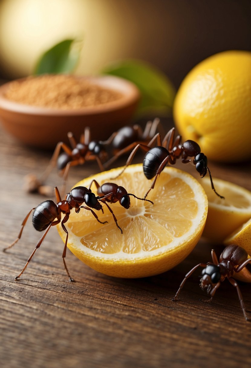 Ants crawling towards a line of cinnamon, vinegar, and lemon slices laid out as preventative measures on the kitchen floor