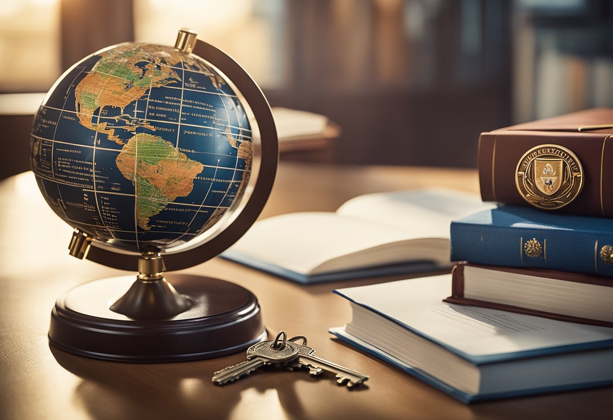 A globe surrounded by legal documents and university emblems, with a key unlocking opportunities