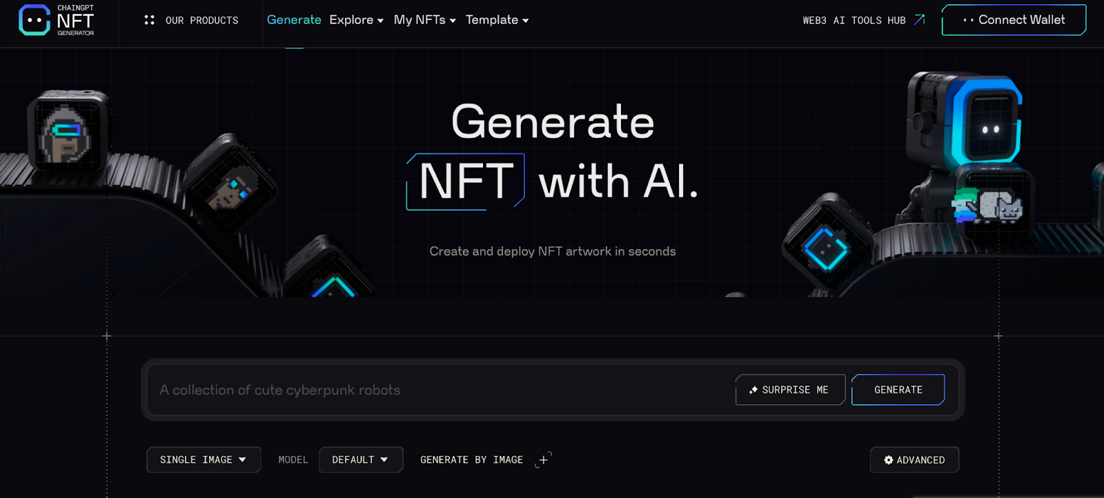 Screenshot of ChainGPT's AI NFT Generator at NFT.Chaingpt.org. 
ChainGPT's AI NFT Generator logo. Keywords: AI NFT, Web3, crypto, blockchain, NFT creation, artificial intelligence, digital art, decentralized technology, smart contracts, ChainGPT platform, cryptocurrency, non-fungible tokens, crypto art, NFT marketplace, AI-powered NFT generation, decentralized finance, DeFi, NFT collectibles, Ethereum, Binance Smart Chain, digital assets, NFT minting, AI-driven art, crypto innovation, NFT economy, tokenization.