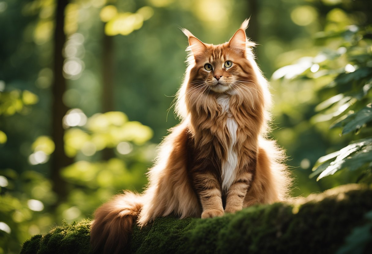 A majestic red Maine Coon cat sits proudly in a lush forest, surrounded by tall trees and dappled sunlight