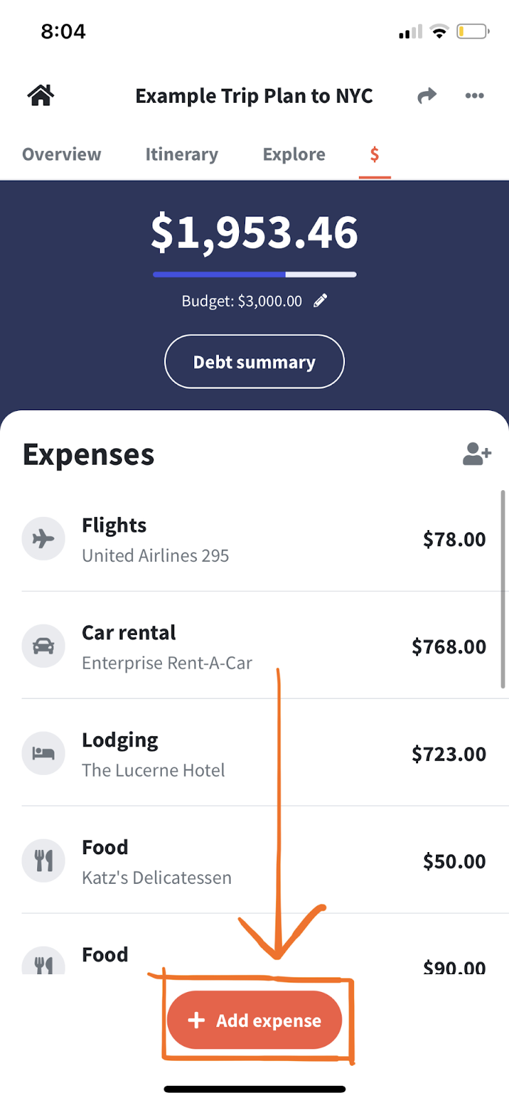 Expense Tracking and Splitting feature of Wanderlog