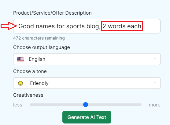 Inputting information in Content Gorilla's Free Blog Post Idea Generator to create sports blog names