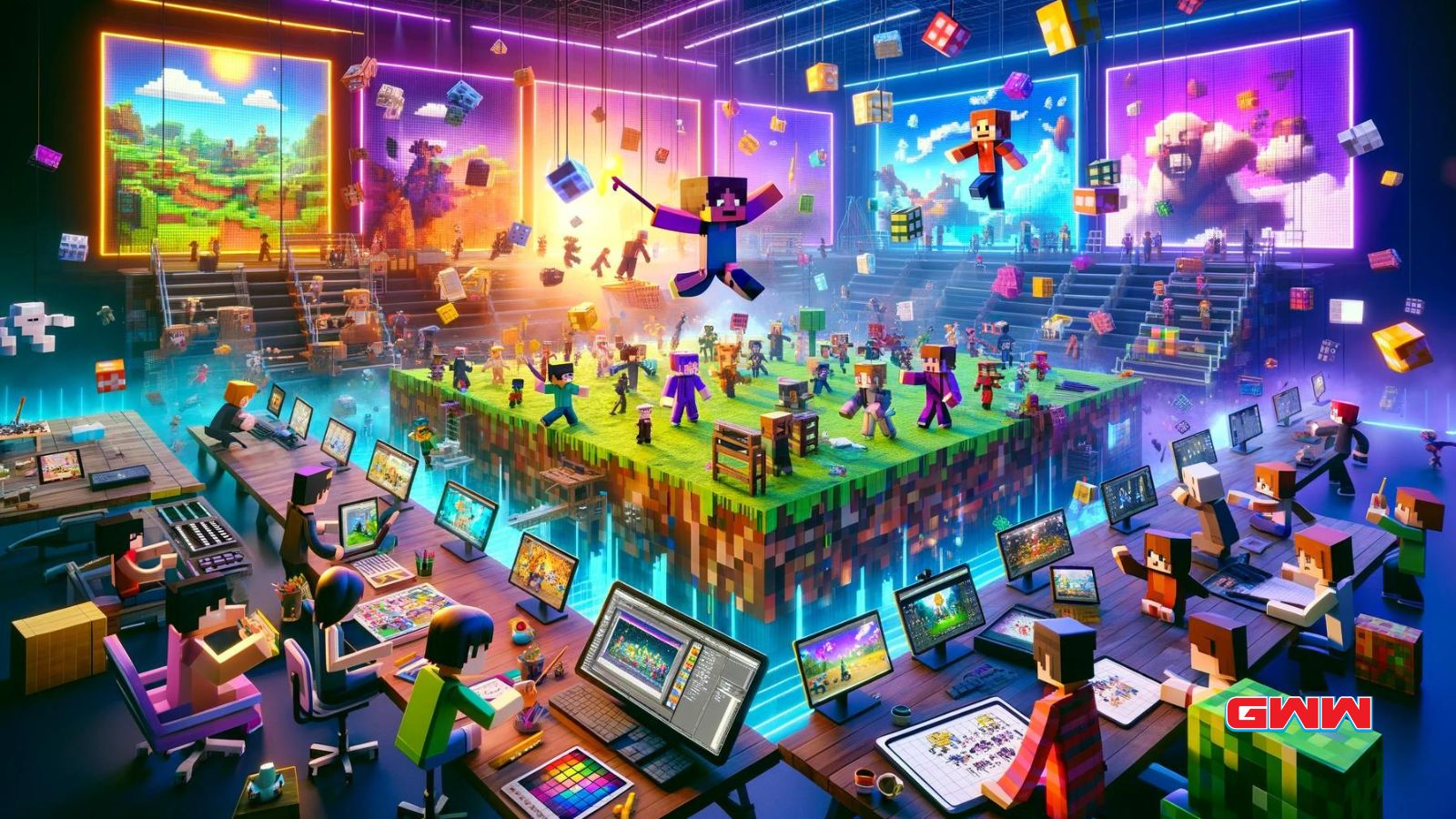 Una escena vibrante que muestra el proceso de creación de animación dentro de un mundo virtual inspirado en Minecraft.