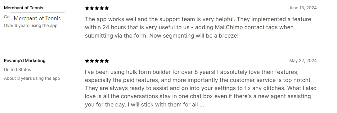 User review on Hulk form builder, one of the best Shopify form builder app