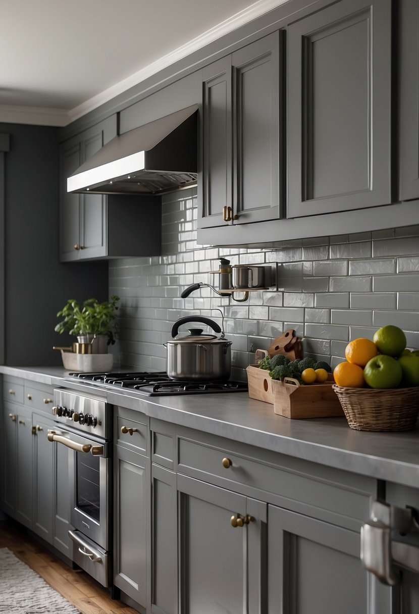 Gray cabinets line the kitchen walls, complemented by a matching backsplash