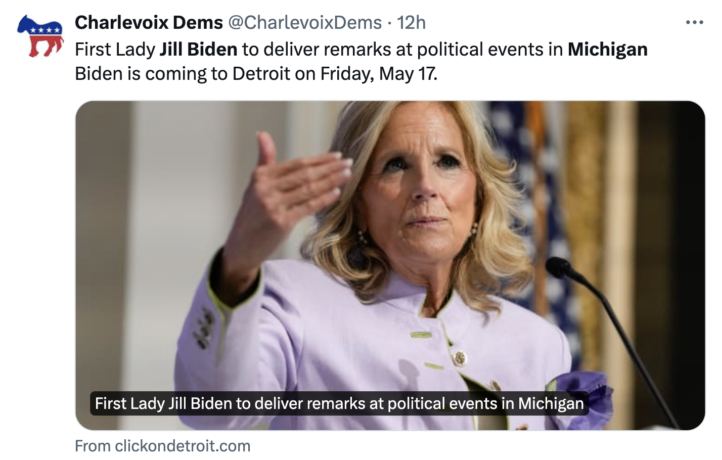 Charlevoix Dems tweet linking to a ClickOnDetroit article about Jill's remarks on her Michigan visit.