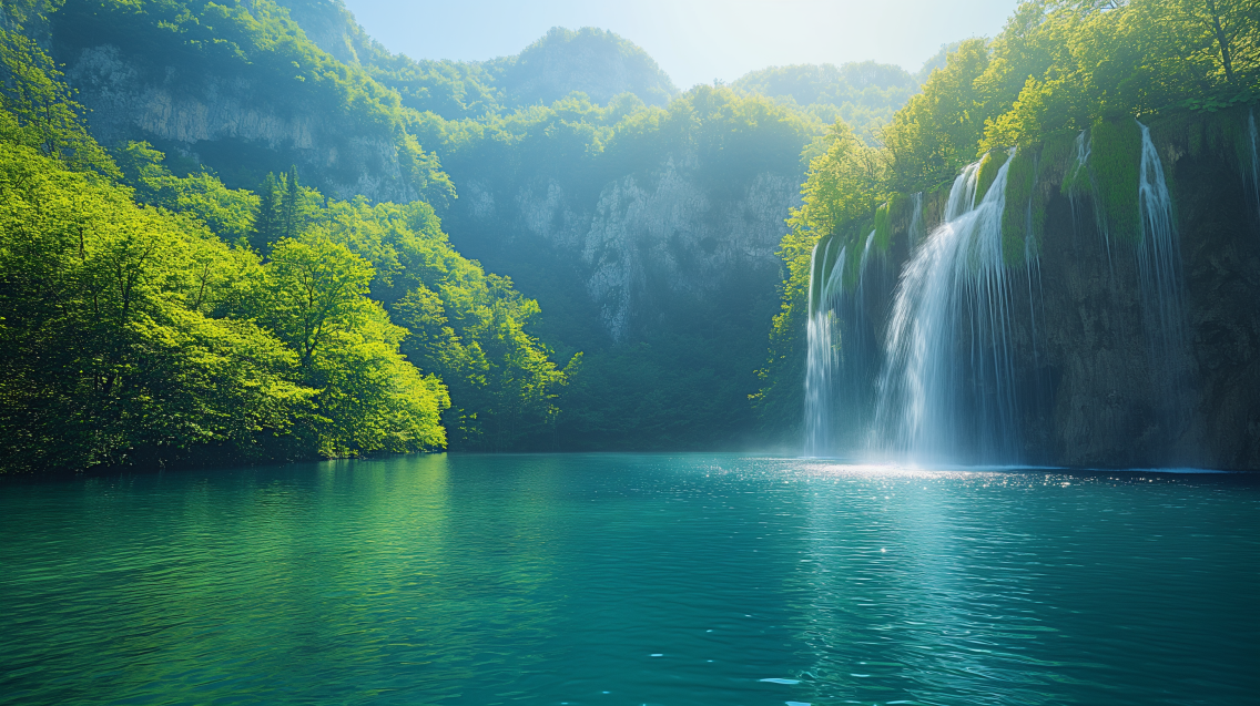 A tranquil lake amidst lush greenery and cascading waterfalls in Plitvice Lakes National Park, a UNESCO World Heritage site