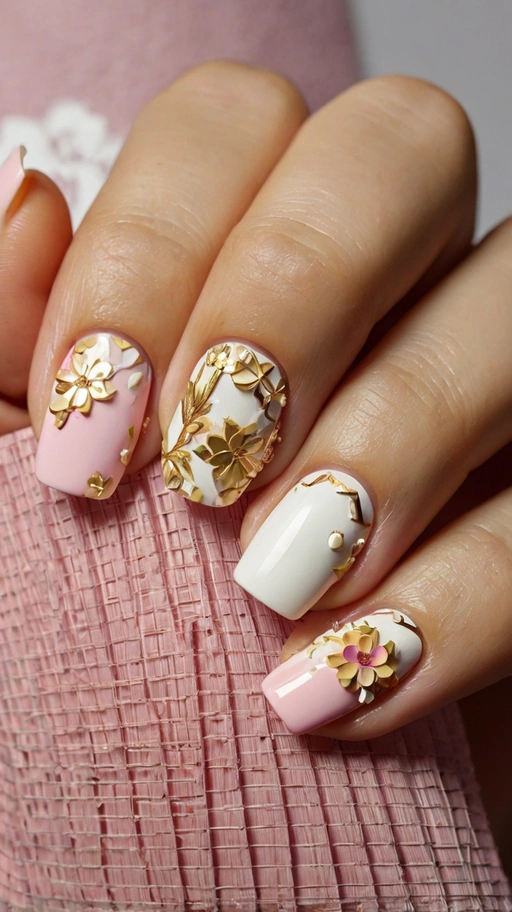 A close-up of a hand featuring a detailed nail art design with floral and 3D elements. The nails are painted in soft pink and white tones, adorned with intricate gold floral patterns and geometric accents. The person is holding a textured pink fabric.