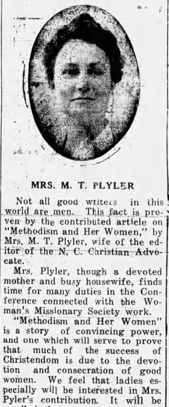 Oval photo of Mrs. M.T. Plyler, describing her work as the author of "Methodism and Her Women"