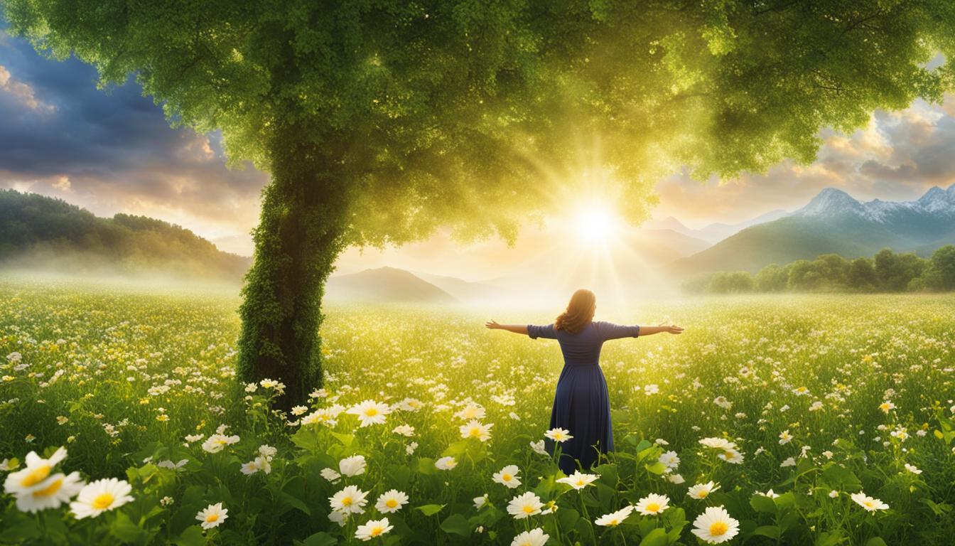 A person surrounded by clouds of positivity, standing in a field of blooming flowers and lush greenery. Rays of sunshine beam down on them as they hold up their hands in gratitude. The words "abundance" and "success" are written in the clouds, while affirmations such as "I am worthy," "I am capable," and "I attract abundance" float around them like butterflies.