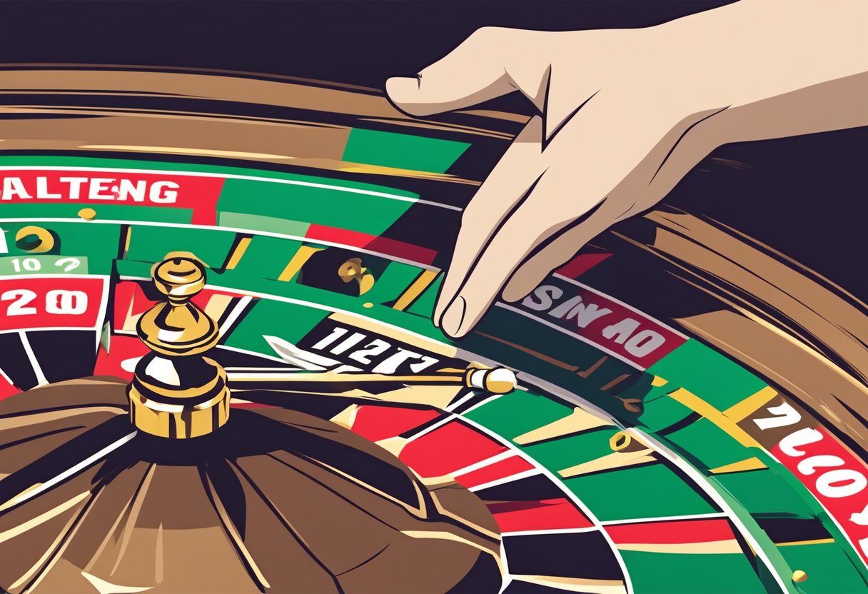 A spinning roulette wheel faces off against a hand reaching for a lottery ticket, representing the debate between online casinos and online lotteries