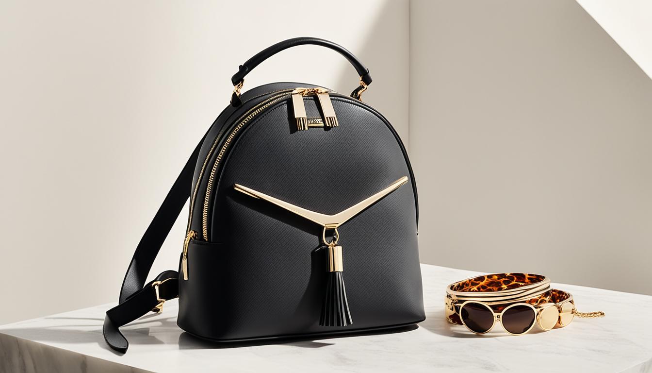 A sleek black leather backpack lying on a marble surface, adorned with golden hardware and a stylish tassel accessory. A pair of oversized sunglasses with round frames and tortoiseshell pattern resting on top of the backpack. A set of stacked gold bangles arranged in a curve shape next to the sunglasses. A chunky statement necklace with geometric shapes and bold colors draped over the top of the backpack.
