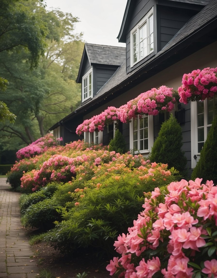 Vibrant azalea bushes line the front of a charming house, their colorful blooms creating a picturesque scene