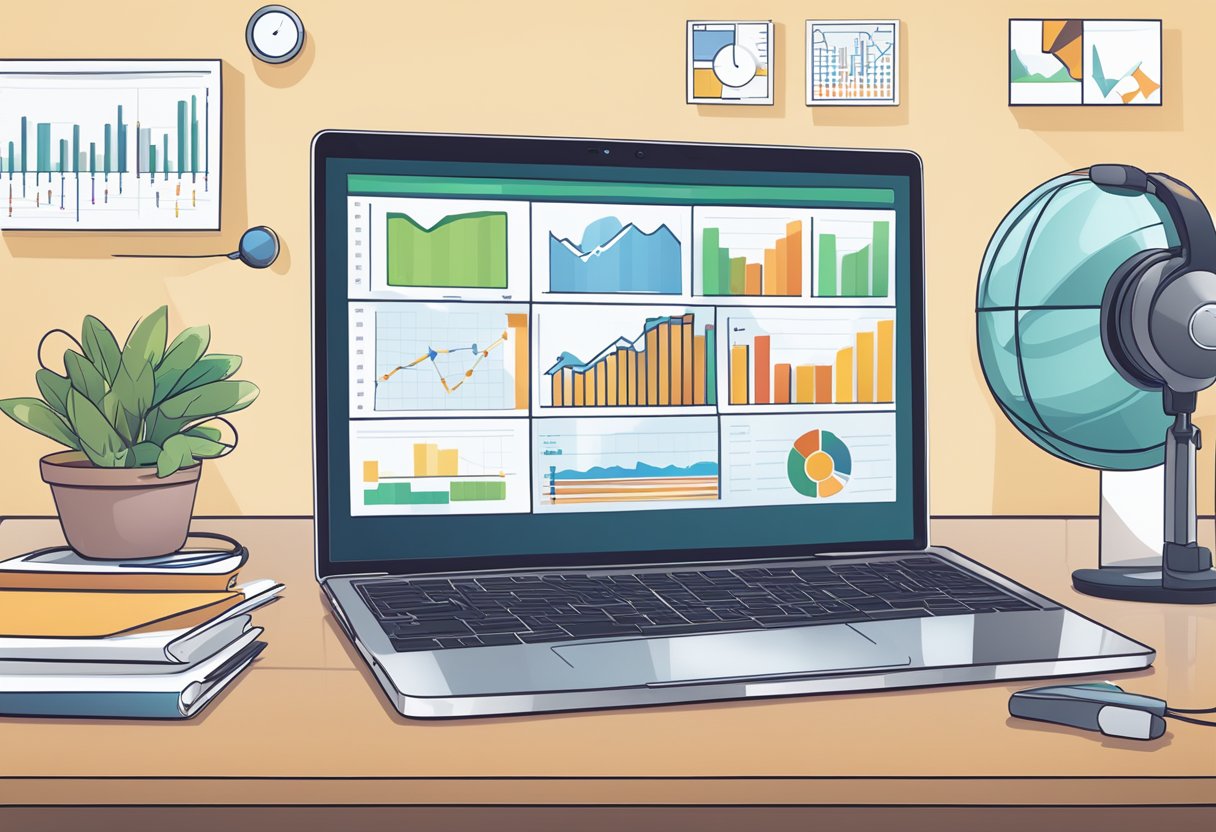 A laptop displaying a virtual sales presentation, surrounded by charts and graphs. A headset and microphone are placed nearby, ready for a remote sales call