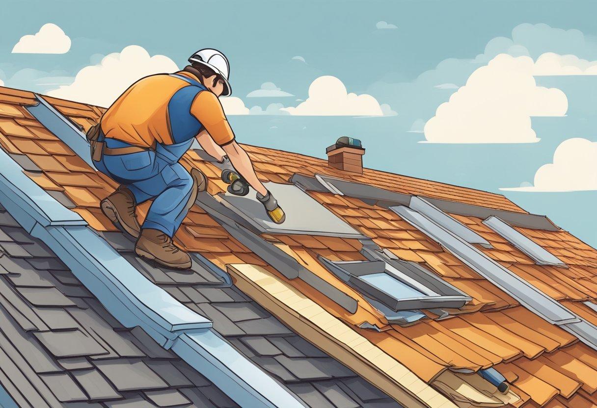 A roofer carefully inspects a residential roof, surrounded by various roofing materials and tools