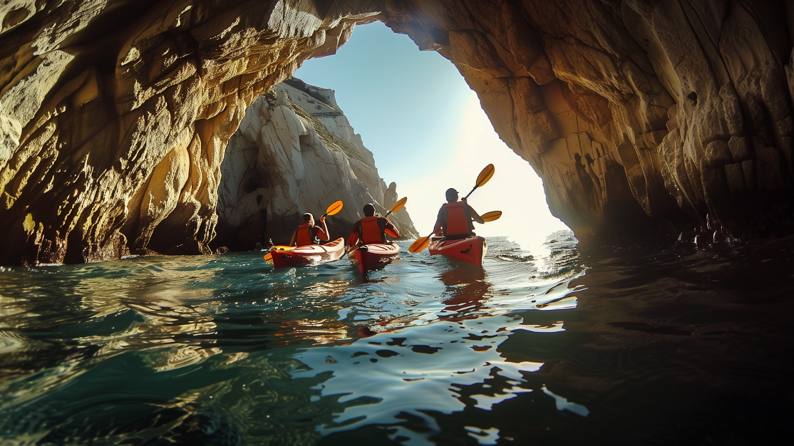 Family kayaking beneath El Arco rock formation in Los Cabos.