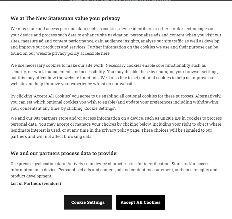 A screenshot of a cookie agreement from The New Statesman website.