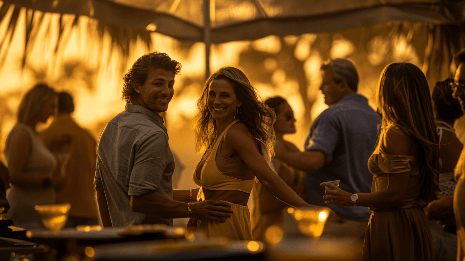 Couples enjoying a sunset party at an event near Palmetto Dunes