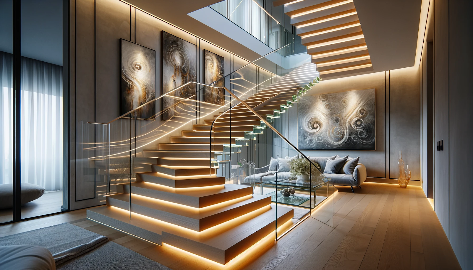 a staircase with glass railings and a couch