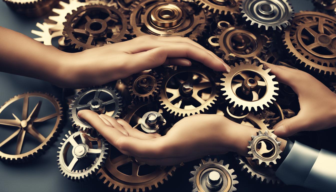 A group of interconnected gears, each representing a different industry or field, with hands reaching out to connect and turn them together, symbolizing the power of networking in manifesting employment opportunities.