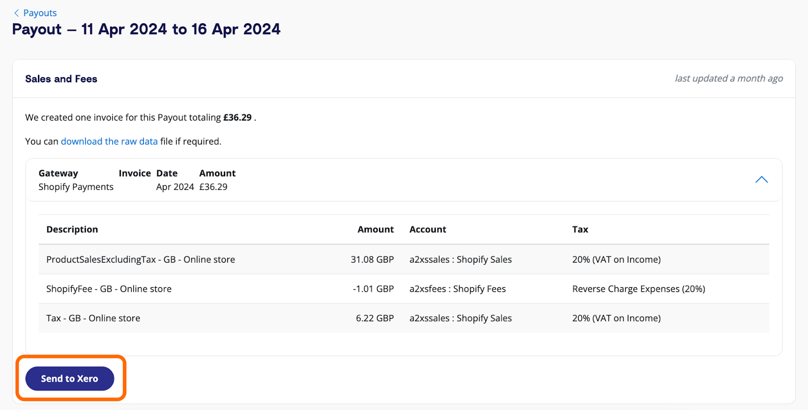 A screenshot of the A2X Payouts Page indicating to select 'Send to [Your Accounting Software'