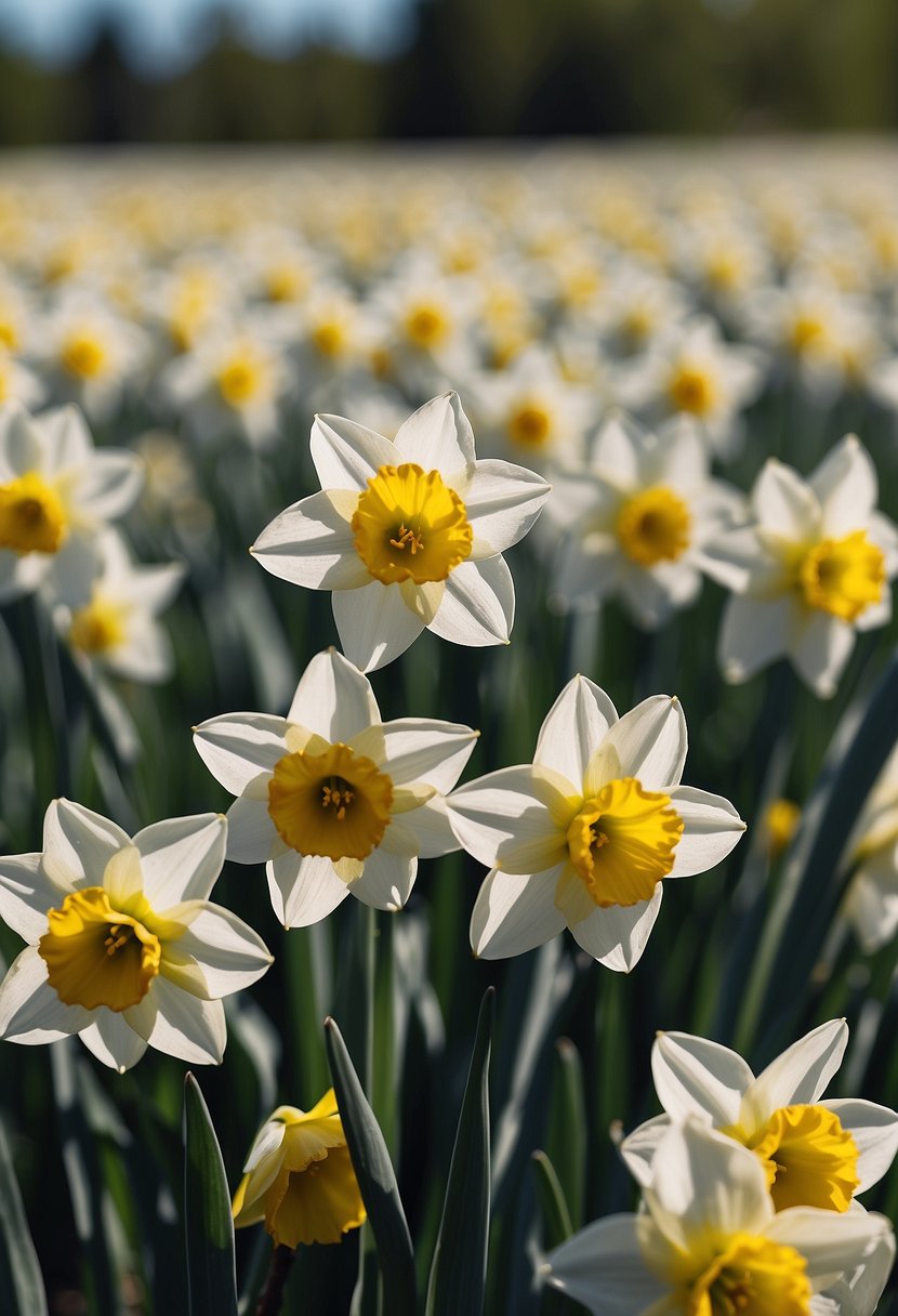 A field of daffodils, 31 white flowers in full bloom, against a backdrop of lush greenery and a clear blue sky