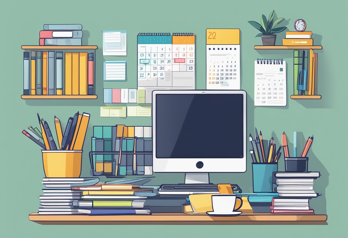 A cluttered desk with a laptop, notebooks, and pens. A calendar on the wall shows the year 2024. A bookshelf filled with business and freelance resources