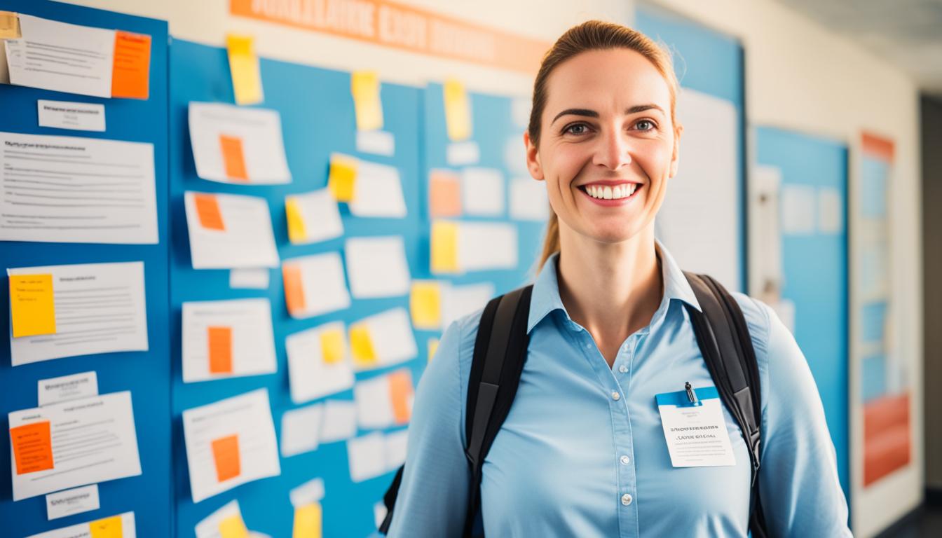 A person walking confidently, with rays of sunshine and a bright blue sky in the background. The person is carrying a small backpack and is surrounded by various job postings on walls and bulletin boards. Their facial expression shows determination and positivity, as if they are excited for the job opportunities that await them.