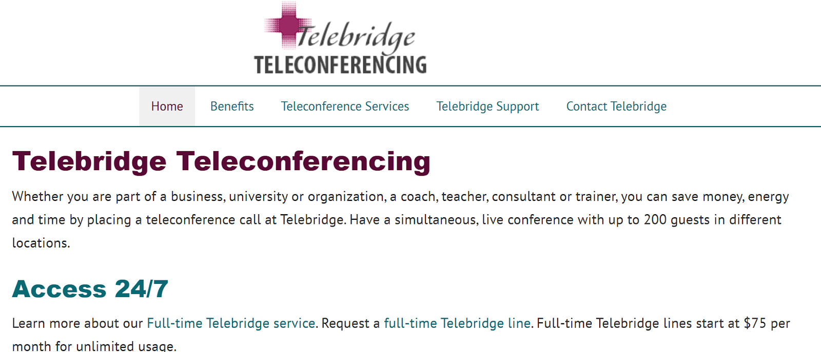 TeleBridge website snapshot highlighting the services it offers.