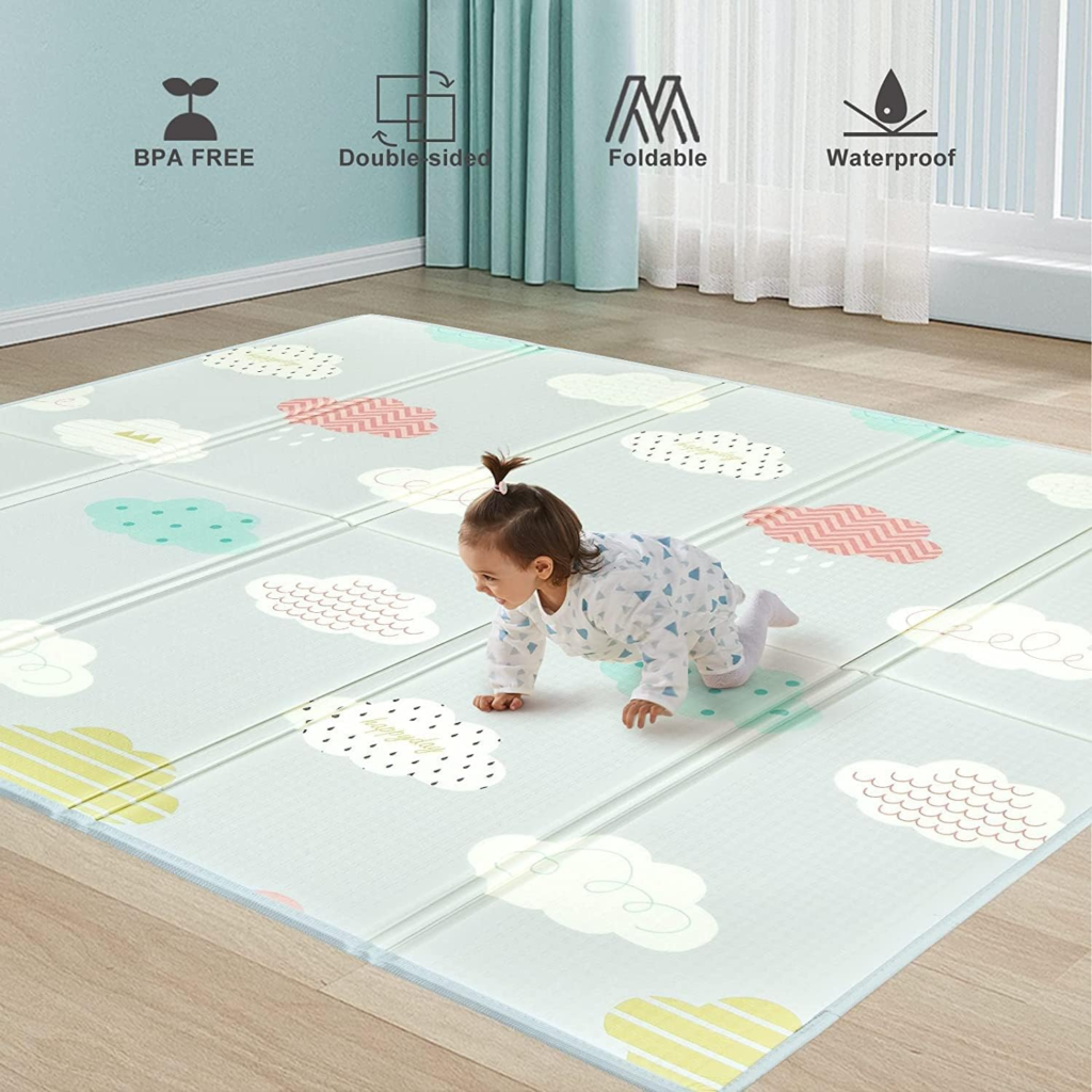 Baby Play mat image showing Non-Toxic material such as BPA Free. Also, showing the play mat as foldable.