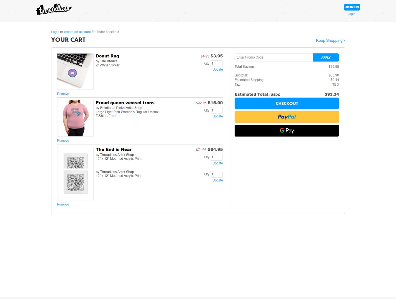 Threadless checkout page