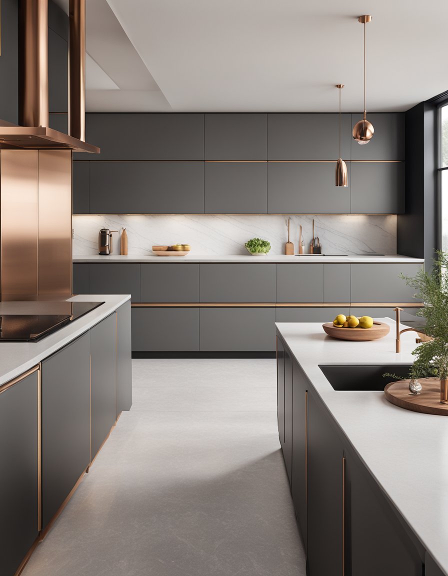 A modern kitchen with light gray cabinets and copper accents, featuring sleek lines and minimalist design