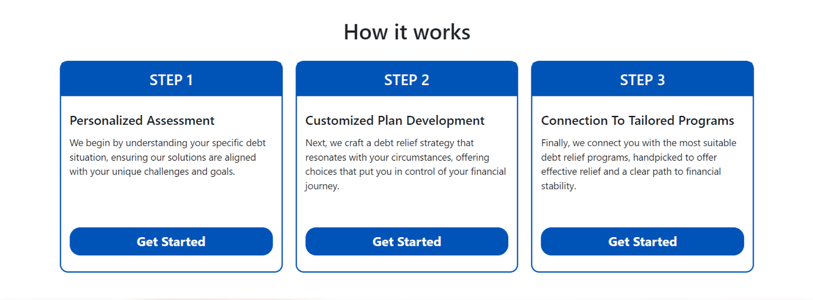 The Impact Debt Relief website featuring the three steps to working with them to resolve your debt: Personlized assessment, customized plan development, and connection to tailored programs. 