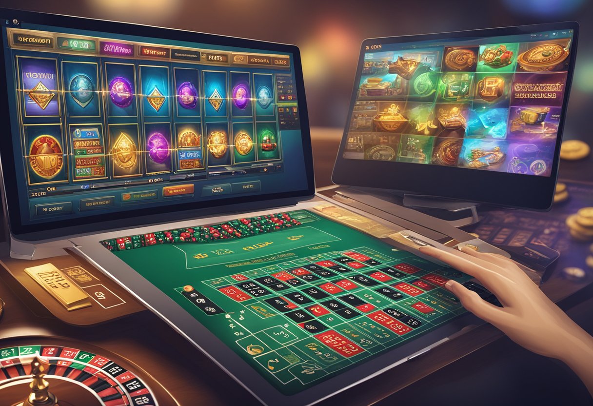 A computer screen displaying a variety of online casino games with strategic elements highlighted. A book titled "Foundations of Intelligent Strategies for Online Casino Games" sits next to the screen