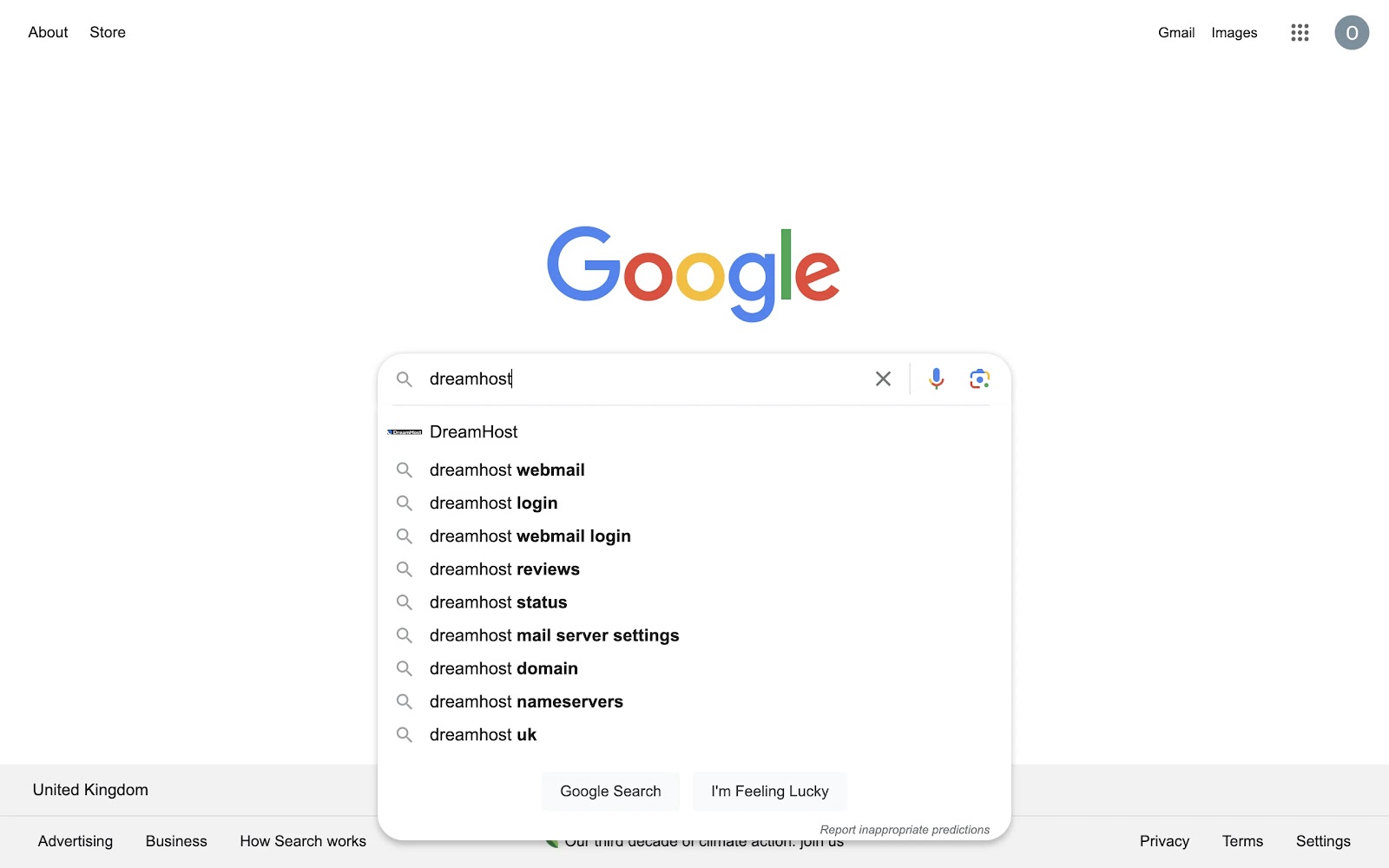 Busqueda en Google "dreamhost" con búsquedas relacionadas que muestran el correo web de dreamhost, el inicio de sesión de dreamhost, las reseñas de dreamhost, etc.