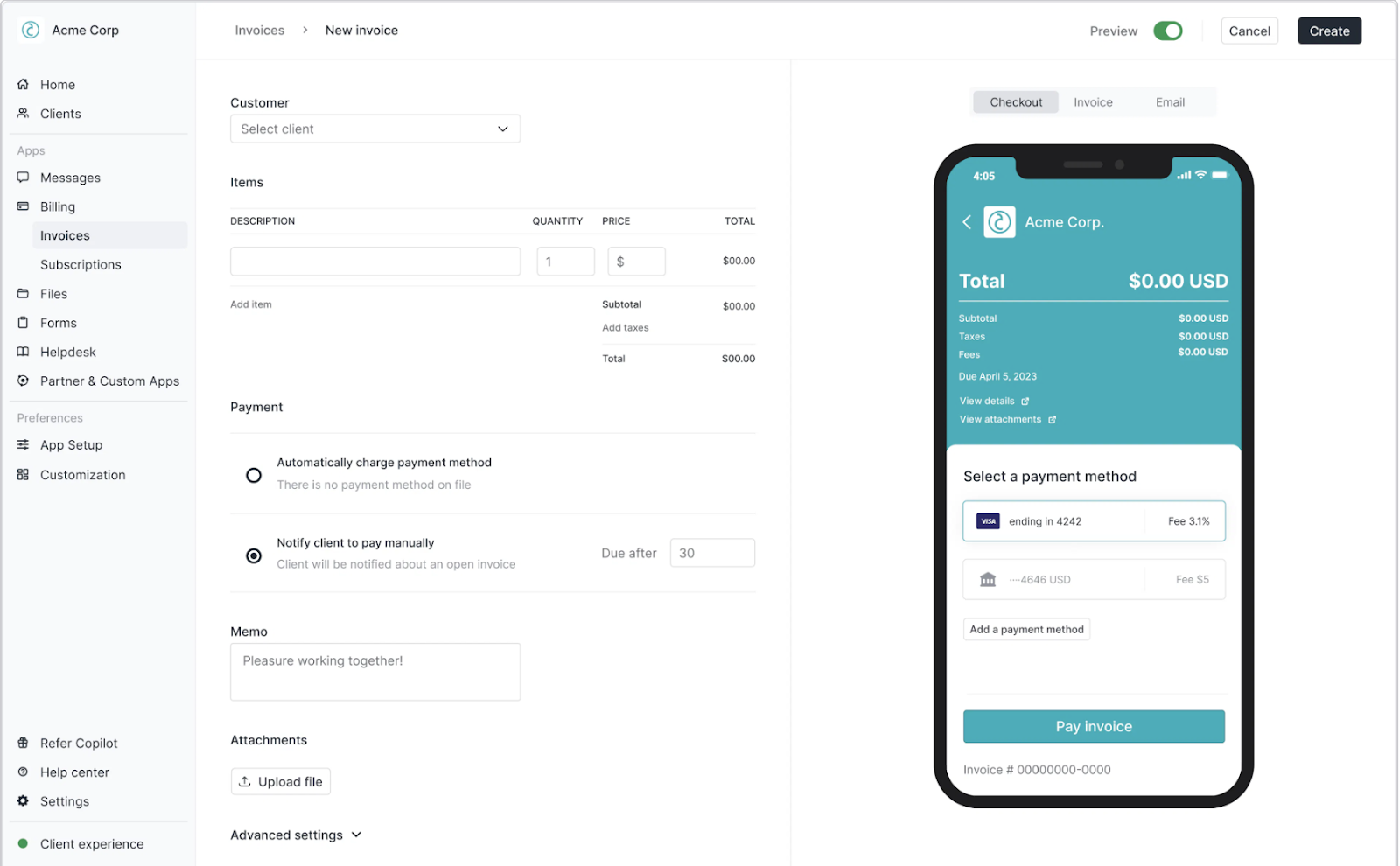 Creating a branded invoice in Copilot