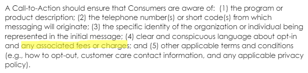 A paragraph from the CTIA’s messaging principles covering the elements required for an opt-in CTA with the phrase “any associated fees or charges” highlighted in yellow.”