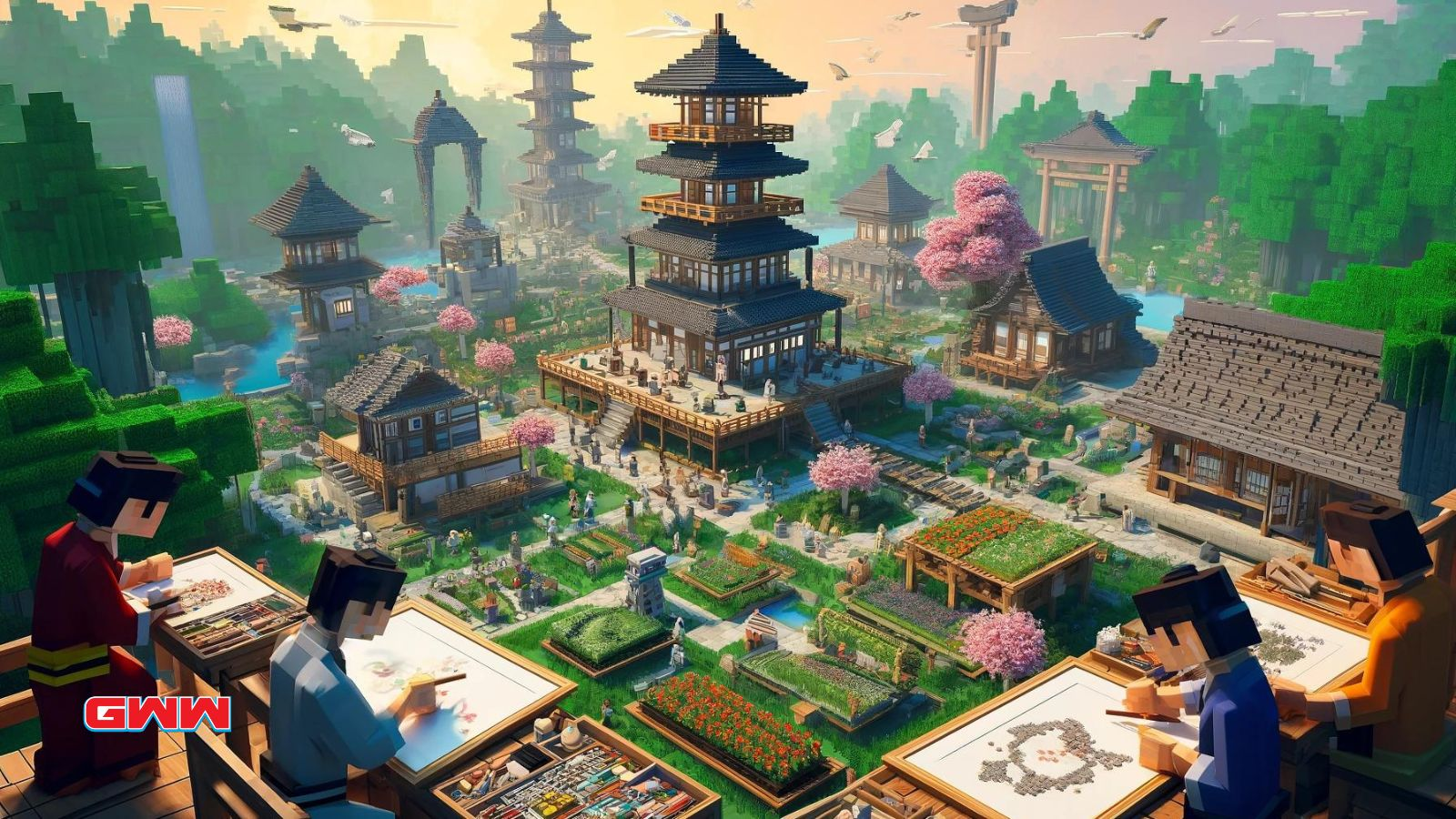 Una escena detallada que representa el proceso de creación de un mundo de inspiración japonesa dentro de un entorno virtual estilo Minecraft.