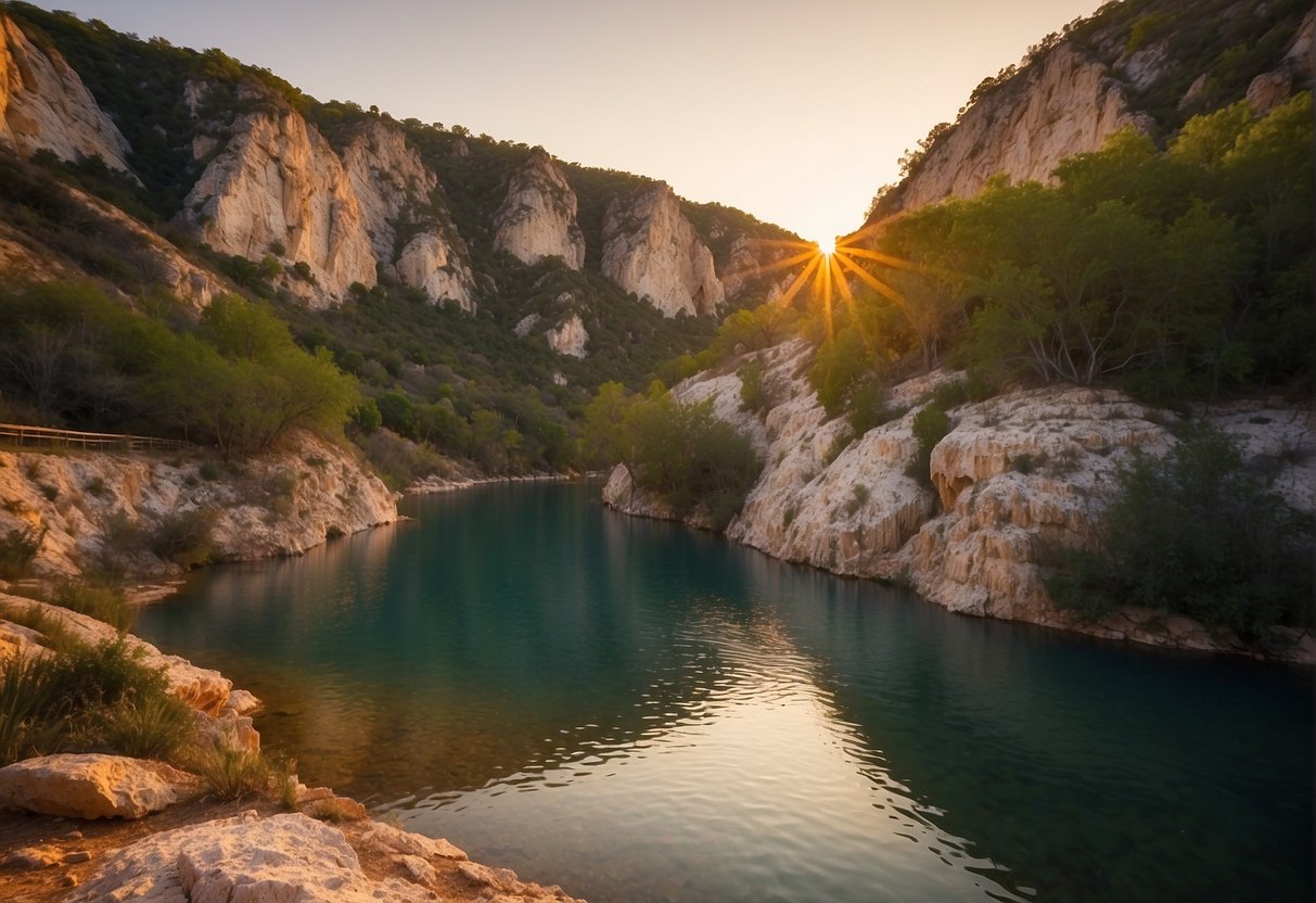 Sunset over the towering cliffs of Turner Falls, with the tranquil waters of the natural swimming pools below reflecting the warm colors of the sky