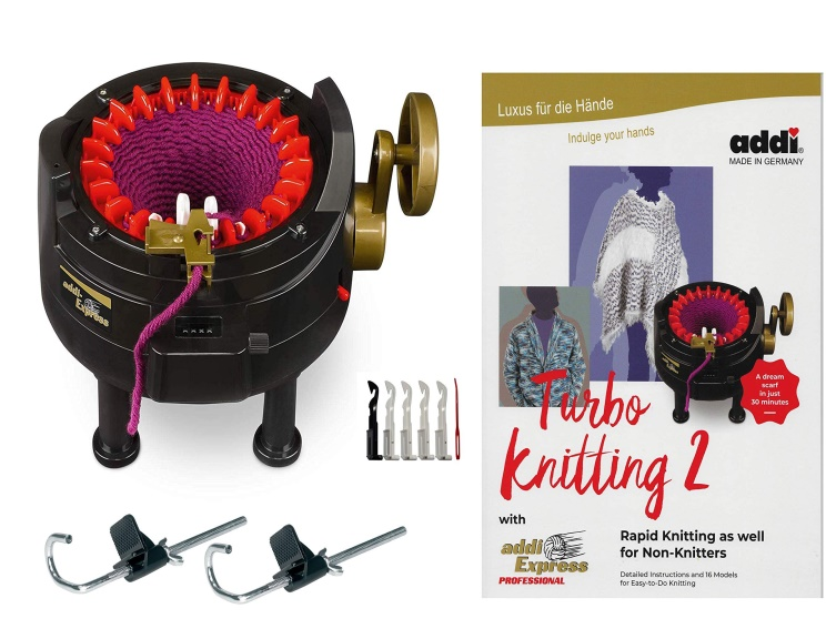 Amazon.com: New Improved Version Of addi Express Professional Knitting  Machine Extended Edition With Improved Row Counter, Pattern Book, Express  Hook, Replacement Needles and 2 Stopper