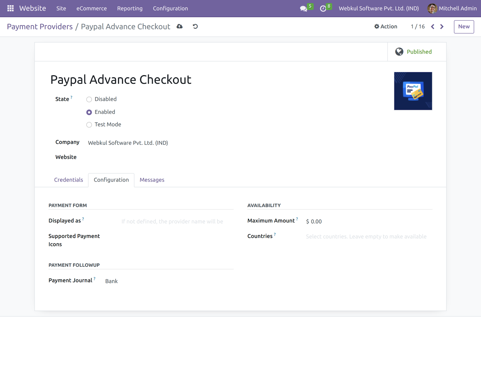 Odoo Website Paypal Advance Checkout Payment Acquirer
