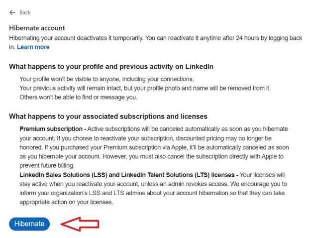 Deactivating LinkedIn Account From PC: Click Hibernate