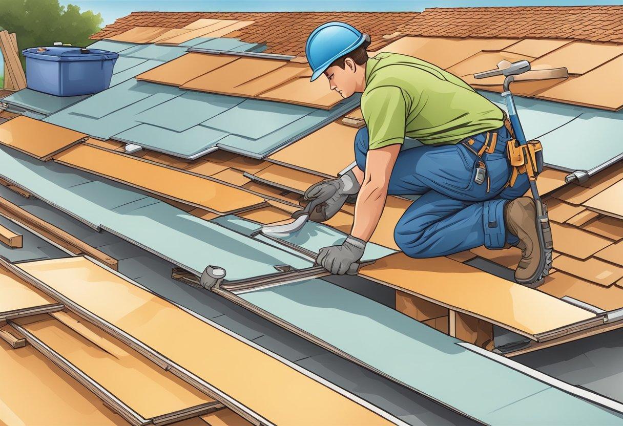 A roofer installs residential roofing, surrounded by tools and materials