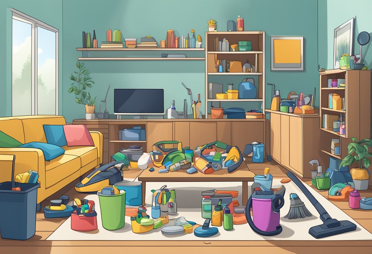 A cluttered living room with scattered toys and dirty dishes. A vacuum, mop, and cleaning products are neatly organized nearby, ready for use