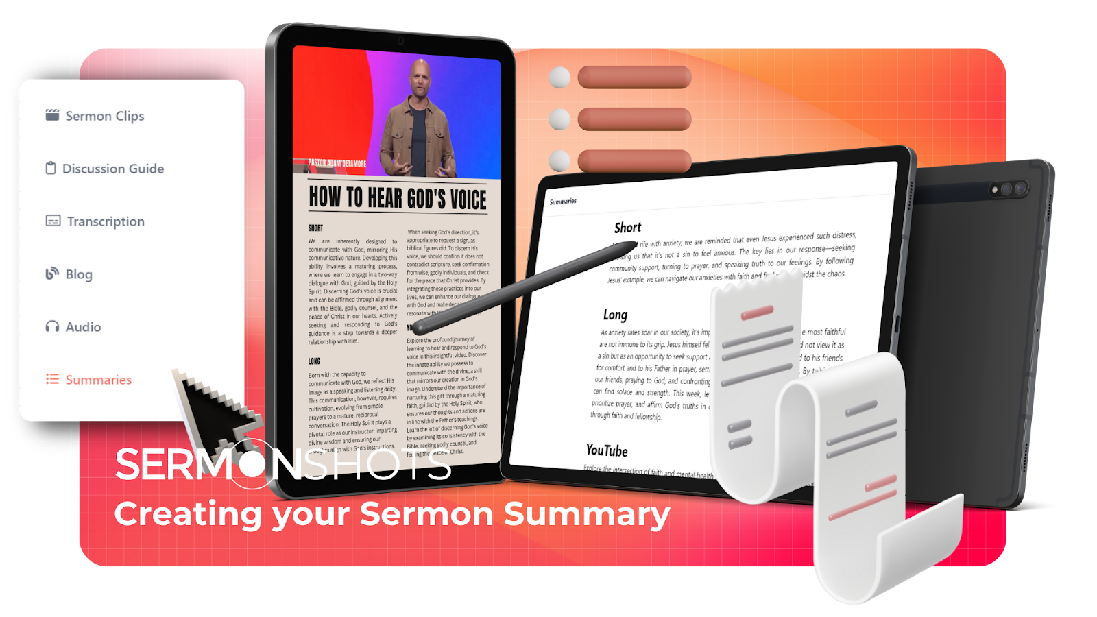 Graphic showing a sermon summary being made with AI